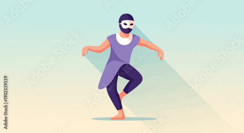 Person in mask and purple outfit balancing on one leg outdoors