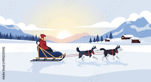 Person in red jacket and hat drives dogsled through snowy landscape at sunset