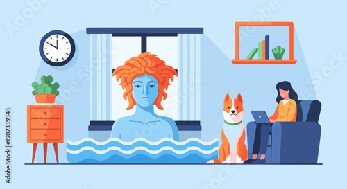 Person working on laptop with dog and bathing statue in room