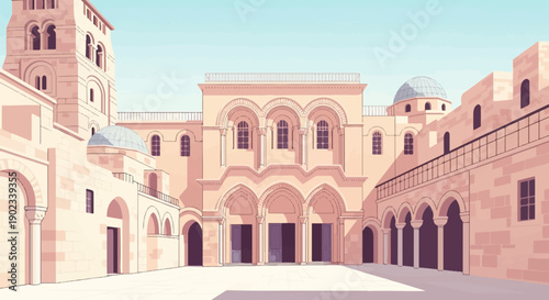 Pixel art courtyard with ancient stone buildings, arches, and domes