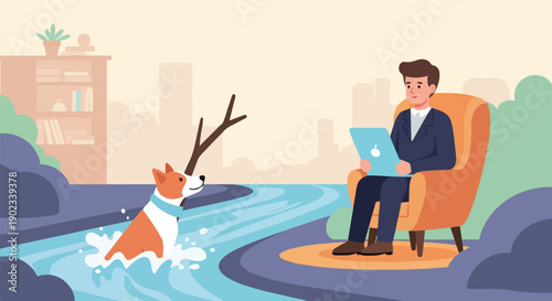 Person works on laptop while dog plays in water with stick