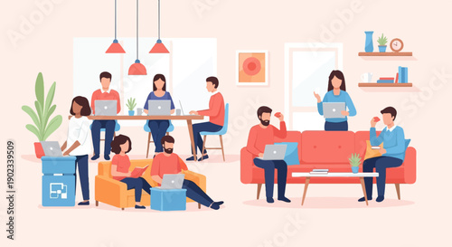 People working on laptops in a modern, cozy indoor space