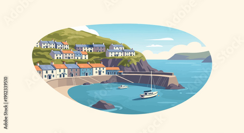 Picturesque village with houses on a hill overlooking a harbor