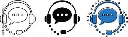 Headset icon with speech bubble and sound waves for customer support outline filled and colored variations