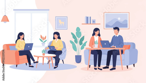 People working on laptops in a modern, brightly lit living room setting