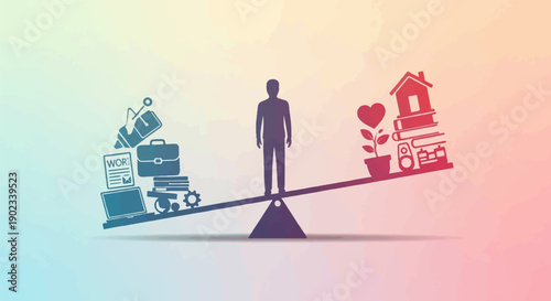 Person on a seesaw balancing work items with personal life symbols