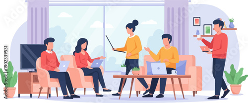 People working on laptops in a modern living room with plants