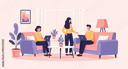 People working on laptops in a modern living room