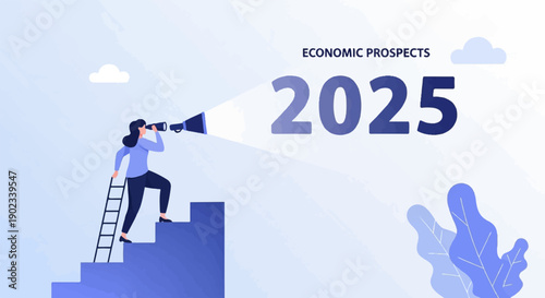 Person on stairs looks through spyglass at "2025" and "Economic Prospects