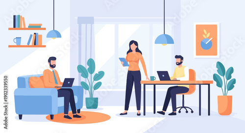 People working on laptops in a modern office with plants and bookshelves