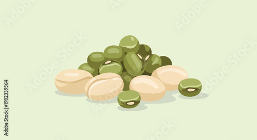 Pile of green mung beans and pale kidney beans on a light green surface