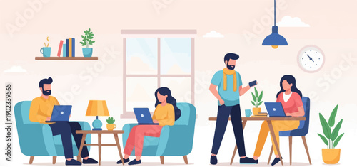 People working on laptops in a cozy, modern living room space