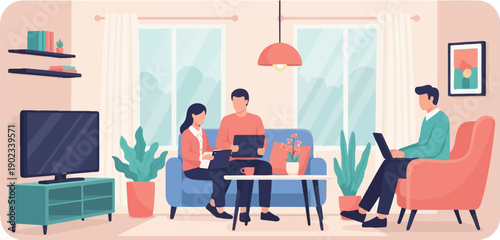 People working on laptops in a cozy living room with plants and furniture