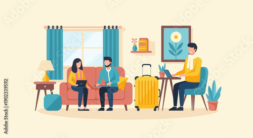 People working on laptops in a room with a yellow suitcase