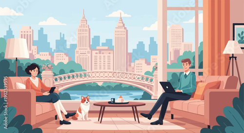 People working on laptops in a sunlit room with a city view