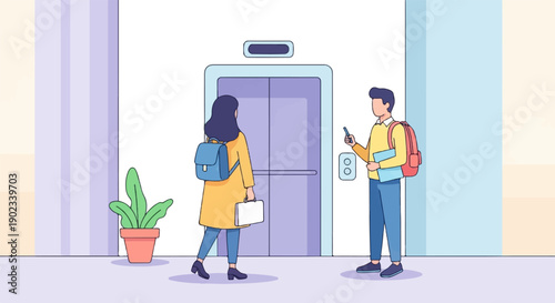 People wait for an elevator, one holds a phone and documents