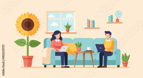 People working on laptops at home near a potted sunflower