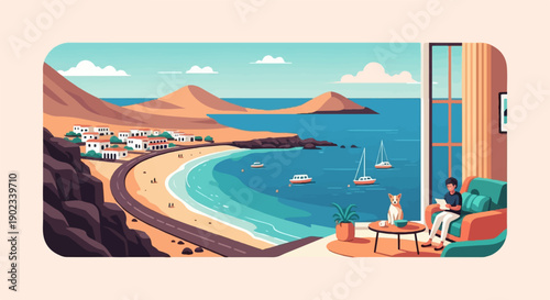 Person relaxing indoors with a dog, overlooking a coastal village and boats