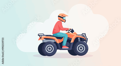 Person riding an orange quad bike on a pastel background
