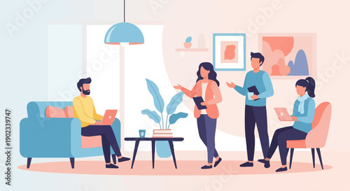 People working remotely in a modern, bright, cozy living room setting