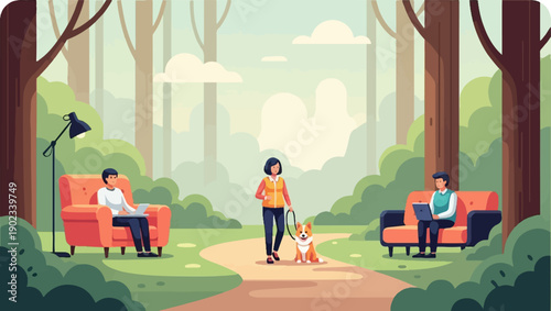 People working remotely in a forest with a dog walker