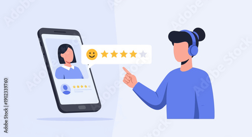 Person reviews a mobile application with a star rating and smiley face