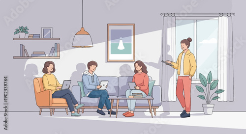 People working on laptops and tablets in a living room