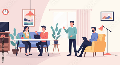 People working remotely in a modern living room with plants and art