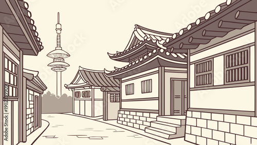 Bukchon Hanok Village Vector Illustration