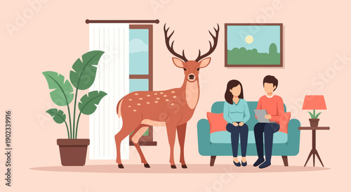 People and deer in living room with plant and lamp