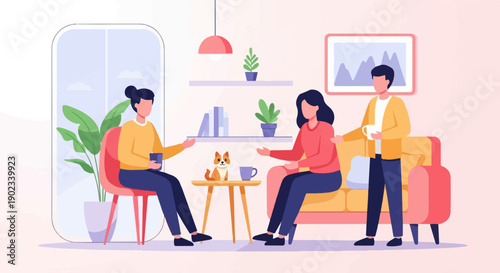 People and dog relax in cozy living room with plants and artwork