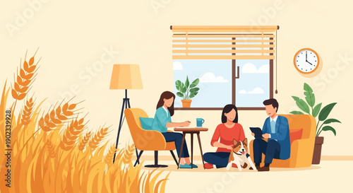 People and dog relax indoors near window with wheat stalks outside