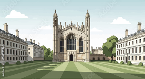 Ornate stone building with tall towers set against a sky with clouds