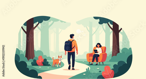 People and dog walking on path in forest with woman reading on chair