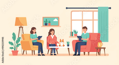 People and dog relaxing in a cozy living room with plants and furniture