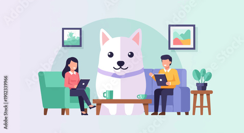 People and large dog working remotely in a living room