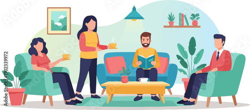 People relaxing indoors with drinks and books in a modern setting