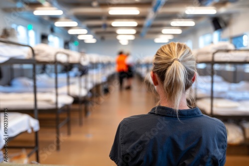 Quiet Interior of Emergency Shelter During Silent Transition with Unmade Beds