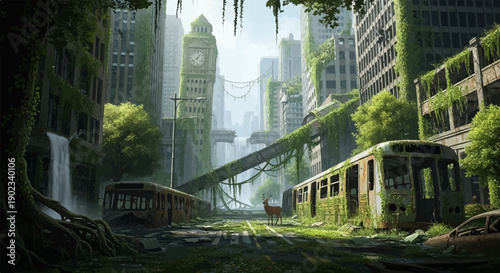 Overgrown city with a deer amidst ruins, a clock tower, and abandoned trams