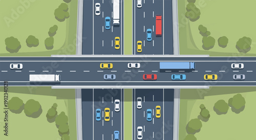 Overhead view of a busy highway interchange with cars and trucks