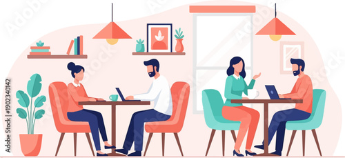 People working and talking at tables in a cafe with plants and books