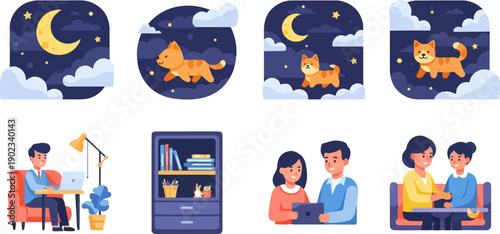 Night sky scenes with cats, person working, bookshelf, and two couples sharing a device