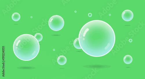 Numerous translucent green bubbles float against a solid green backdrop