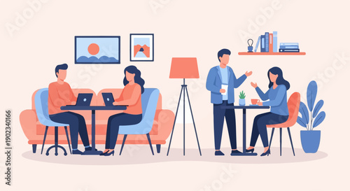 People working and socializing in a modern, minimalist interior space