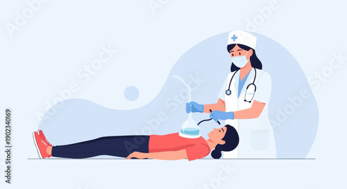 Nurse assists patient with medical apparatus