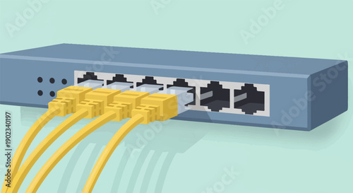 Network device with multiple yellow ethernet cables plugged in