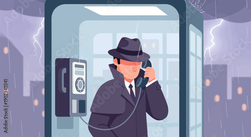 Mysterious man in hat and trench coat on phone in a booth during storm