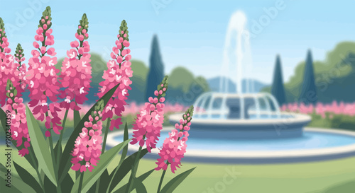 Pink flowers bloom by a tiered water fountain in a lush park