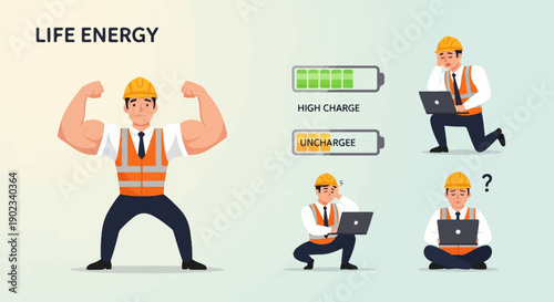 Muscular man flexing, contrasted with tired workers with laptops and battery indicators
