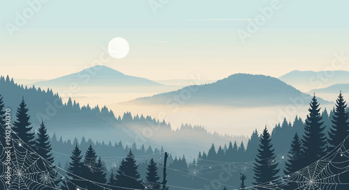 Misty mountain forest landscape with spiderwebs and full moon